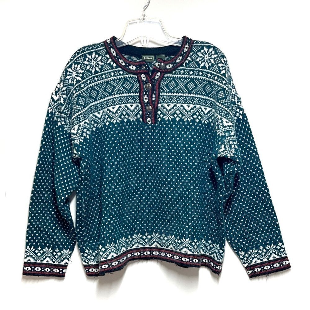 Rare VTG LL Bean Nordic Latvia Wool Sweater Green Pullover Fair Isle Womens Sz L